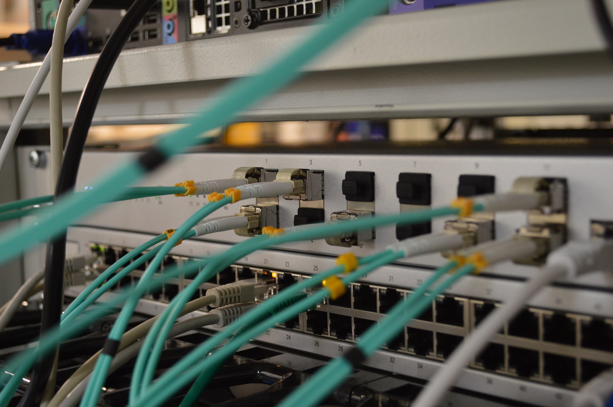 Server cabinet with network cables zoomed in